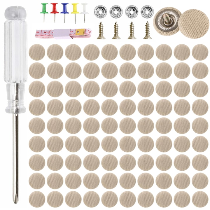 Kit 90 capse, TopGearWorld®, Surubelnita, Banda de masura, Ace colorate, Vine cu cutie, Usor de utilizat, Pentru reparatia plafonului auto si decora partea superioara a interiorului masinii, Compatibil Audi, Opel, BMW, Bej