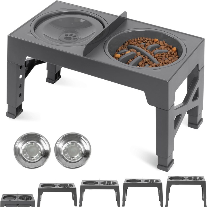 Castron pentru pisica, caine, XGETOP®, inaltime reglabila, cu caini din inox*2, Castron Hranire Lenta Caini *1, Bol plutitor de alimentare cu apa*1
