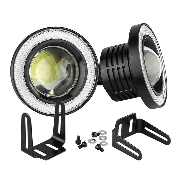 Set Proiectoare LED, XGETOP®, cu Lupa si Angel Eyes, 64mm, para Auto Moto Atv, 12v