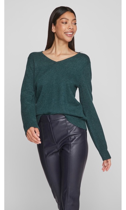 Vékony alap kötött pulóver, hosszú ujjú V-nyakú VIRIL, Zöld