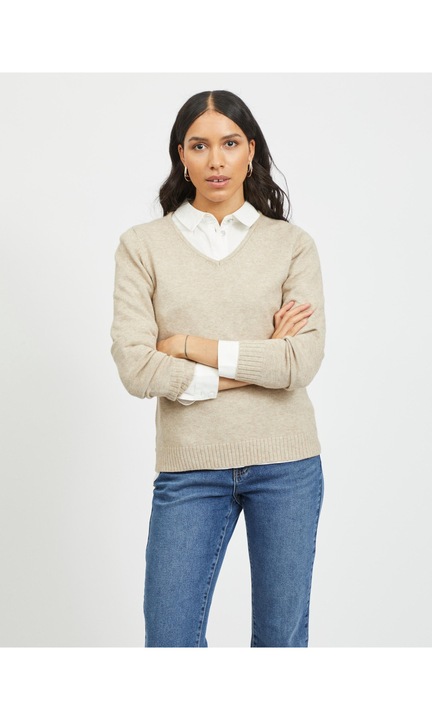 Vékony alap kötött pulóver, hosszú ujjú V-nyakú VIRIL, Bézs
