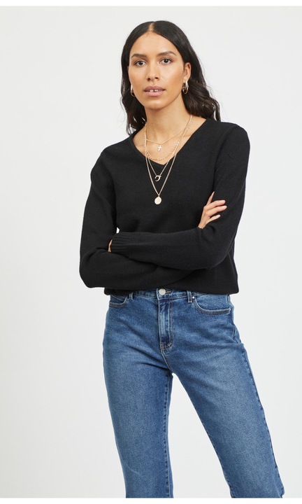 Vékony alap kötött pulóver, hosszú ujjú V-nyakú VIRIL, Fekete