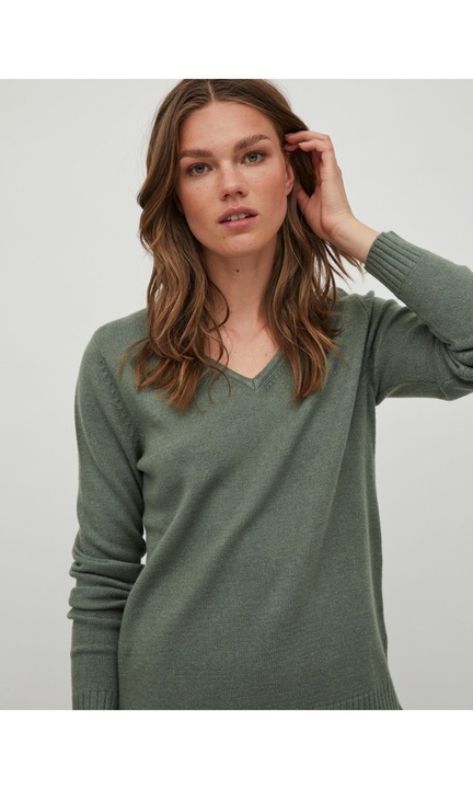 Vékony alap kötött pulóver, hosszú ujjú V-nyakú VIRIL, Sötétzöld