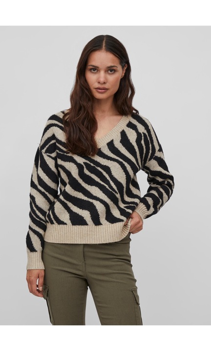Puha kötött pulóver Zebra állatmintával, V-nyakú VIRIL, Bézs