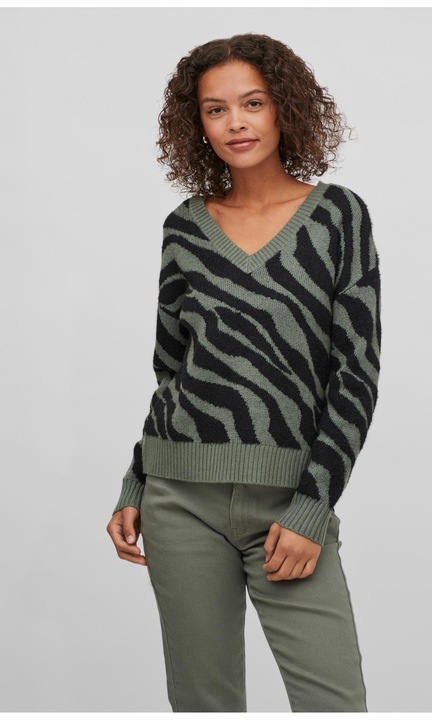 Puha kötött pulóver Zebra állatmintával, V-nyakú VIRIL, Zöld