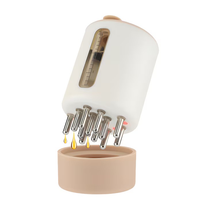 Dispozitiv 2in1 pentru masaj capilar, Cilindric, Smart, cu dozator si aplicator pentru uleiuri esentiale si tratamente capilare lichide