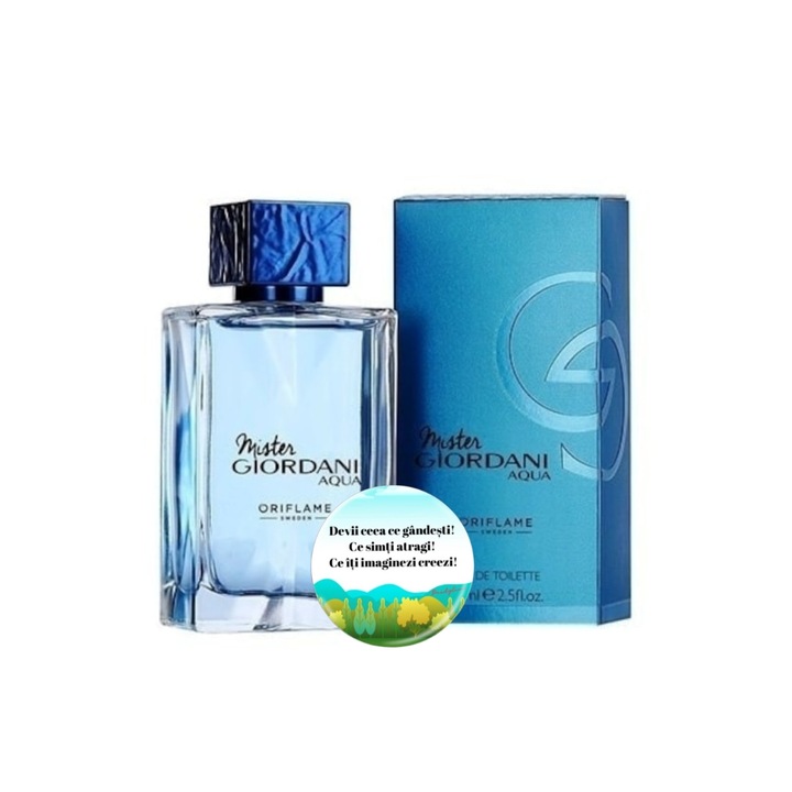 Set complet pentru El, Apa de toaleta pentru barbati Mister Giordani Aqua 75 ml, insotit de insigna Dactylion cu mesaj motivational, Dactylion®