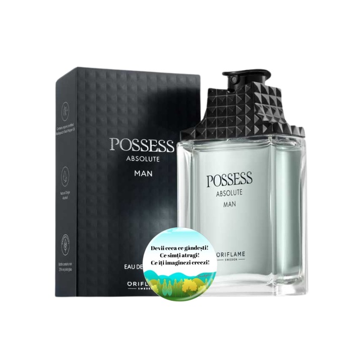 Set complet pentru El, Apa de parfum pentru barbati Possess Absolute Man 75 ml, insotit de insigna Dactylion cu mesaj motivational, Dactylion®