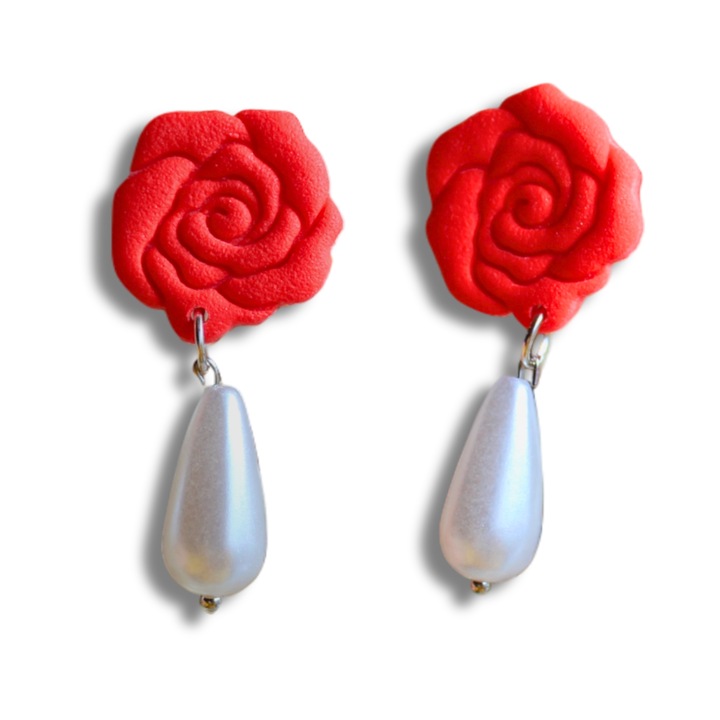 Cercei Handmade - Trandafir cu Perla - Lut Polimeric, Rosu, Pin de plastic
