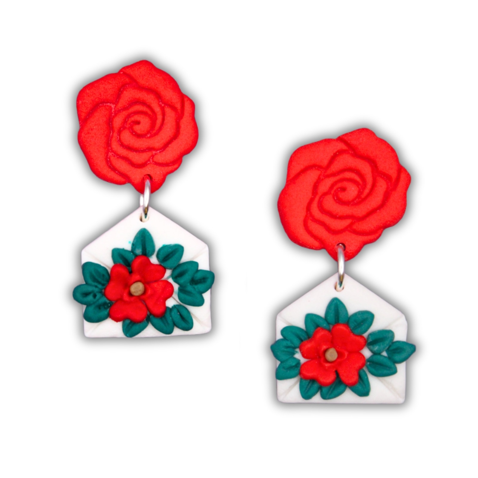 Cercei Handmade - Plic cu Flori - Lut Polimeric, Rosu, Pin de plastic ...