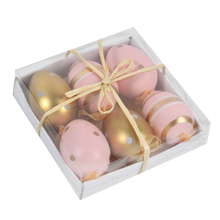 Set 6 oua decorative de Paste Shopiens® din spuma, roz cu buline si dungi si aurii cu buline albe, 5 cm