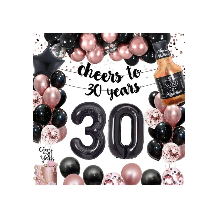 Léggömbök és dekorációk 30. évfordulóra, latex és fólia, fekete és rózsaszín