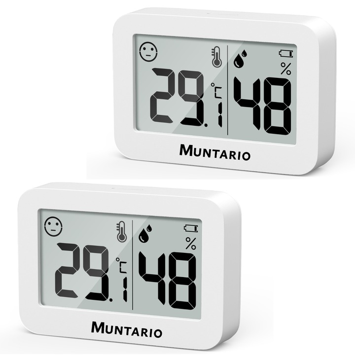 Комплект от 2 стайни термометъра и влагомери Muntario™, 5x3 см, цифров, LCD дисплей за температура и влажност, индикатор за комфорт, бял
