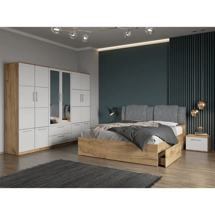 Set dormitor, Stejar Auriu cu Alb, Acapulco, C55, Dulap, Pat 160x200, Noptiere