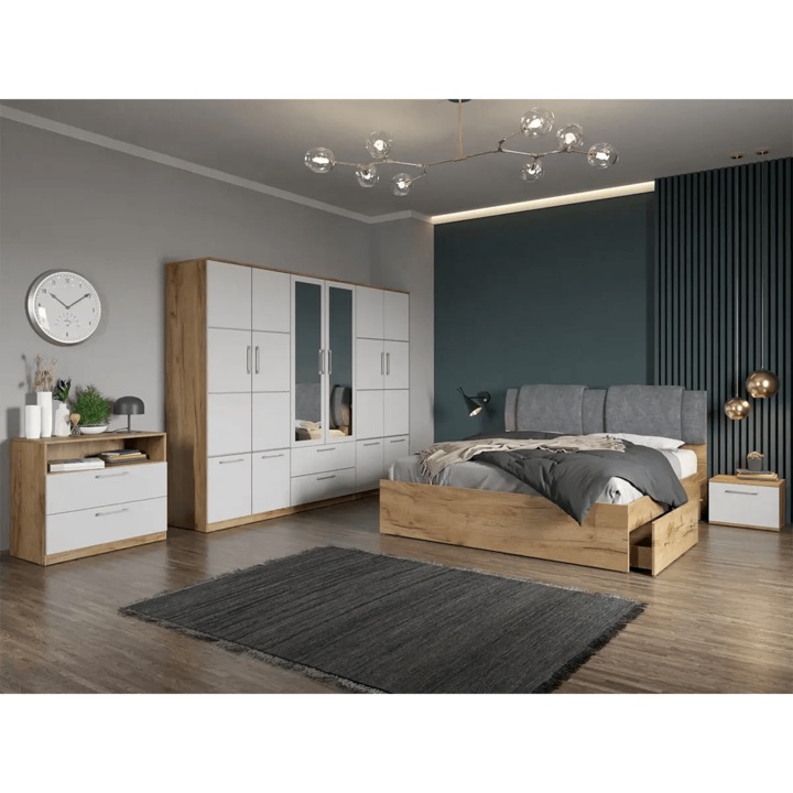 Set dormitor, Stejar Auriu cu Alb, Acapulco, C56, Dulap, Pat 160x200, Comoda, Noptiere