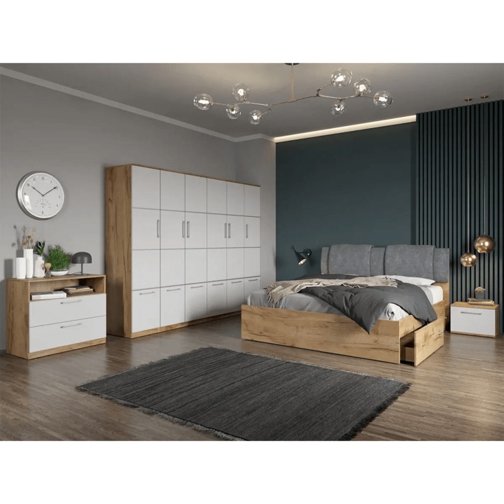 Set dormitor, Stejar Auriu cu Alb, Acapulco, C58, Dulap, Pat 160x200, Comoda, Noptiere