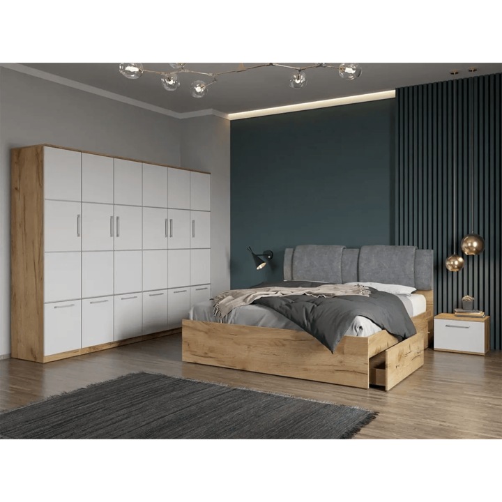 Set dormitor, Stejar Auriu cu Alb, Acapulco, C57, Dulap, Pat 160x200, Noptiere