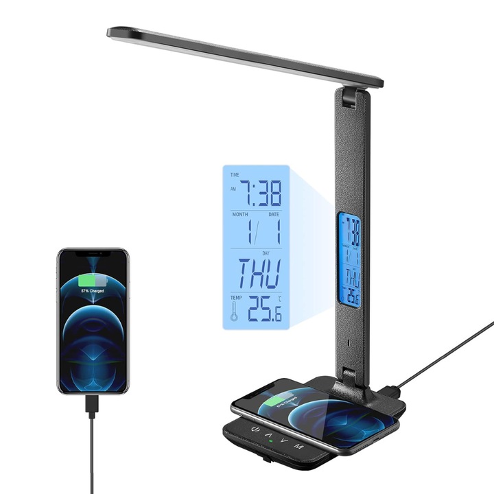 Lampa de birou smart LED, Incarcare Wireless, Ceas, Calendar, Alarma, Termometru 10W, 2800K-4500K-6000K