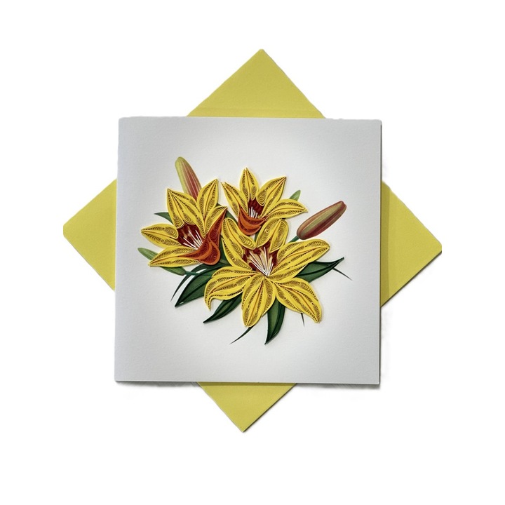 Felicitare Quilling, Crini Galbeni, Plic Galben, Hartie Artistica Premium, 15 cm x15 cm