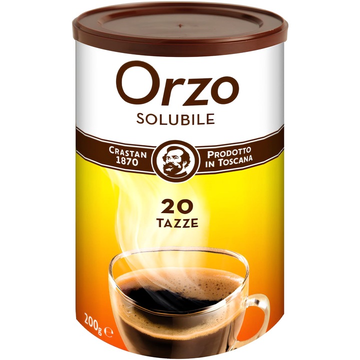 Cafea din orz solubil Orzo, fara cofeina, origine Toscana, 100% naturala, 20 portii, 200g, Crastan 1870