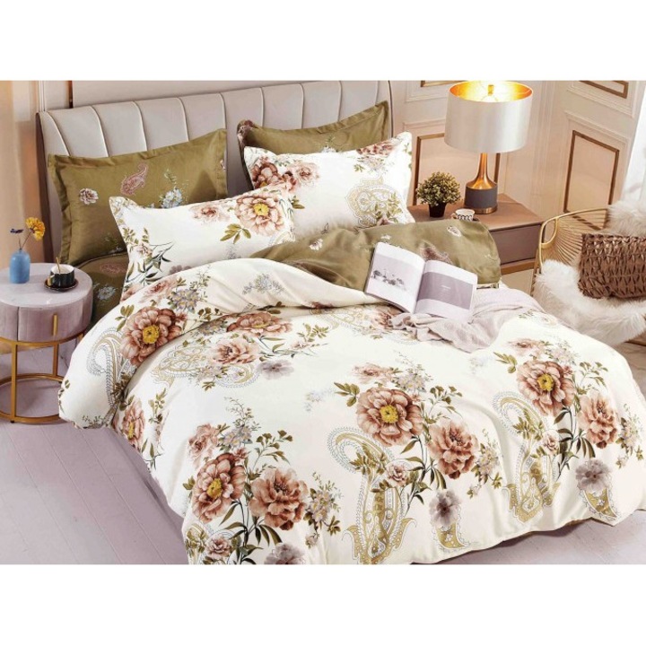 SET Lenjerie, 6 piese, maron cu imprime floral, cearceaf cu elastic 180/200 cm, husa pilota 200/230, fete perina 50/70 cmx2 si 70/70 cm x2, nu se decoloreaza, nu intra la spalat