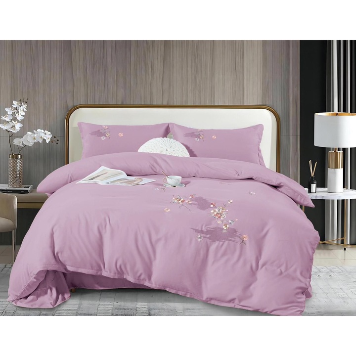 Set lenjerie de pat, MOV, doua persoane, Bumbac Ranforce, imprimeu floral cusut, penrtu pat dublu, patru piese 250/250