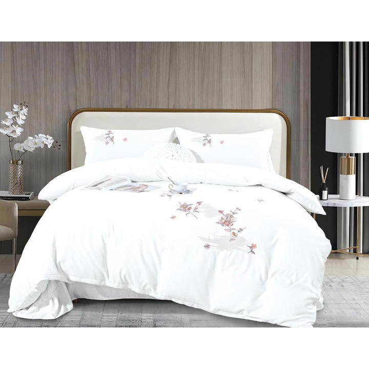 Set lenjerie de pat ALB, doua persoane, Bumbac Ranforce, imprimeu floral cusut, penrtu pat dublu, patru piese 250/250