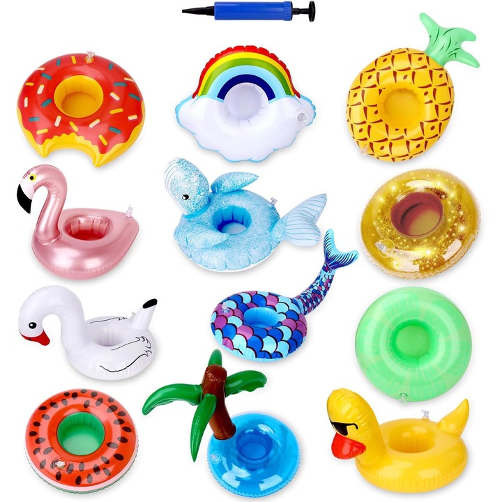 Комплект от 12 надуваеми поставки за чаши, Simply Joy, за напитки и басейн, водни играчки за деца, плаващи, многоцветни