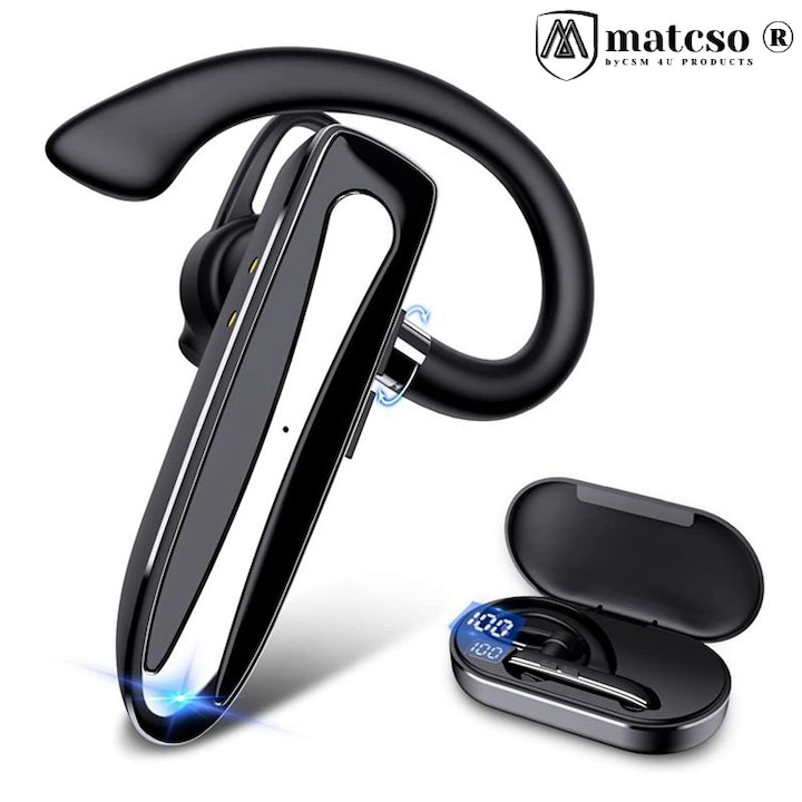 Casca Bluetooth 5.3, matcso by CSM 4U PRODUCTS®, Single Ear Handsfree, Wireless Business, Compatibila IOS/Android, Eliminare Zgomot, Control Volum, USB-C, Sunet Clar, Cutie de Incarcare, Afisaj LED, Negru