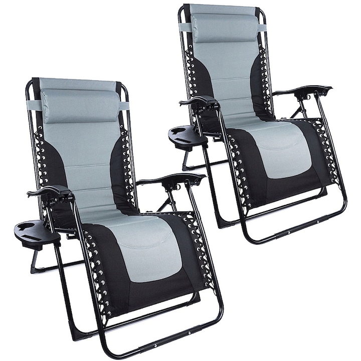 Set 2 Scaune tip Sezlong Pliabil, Material Premium, Gravitatie Zero pentru Terasa, Gradina sau Plaja cu Tetiera si Suport Bauturi, Reglabil, Negru/Gri
