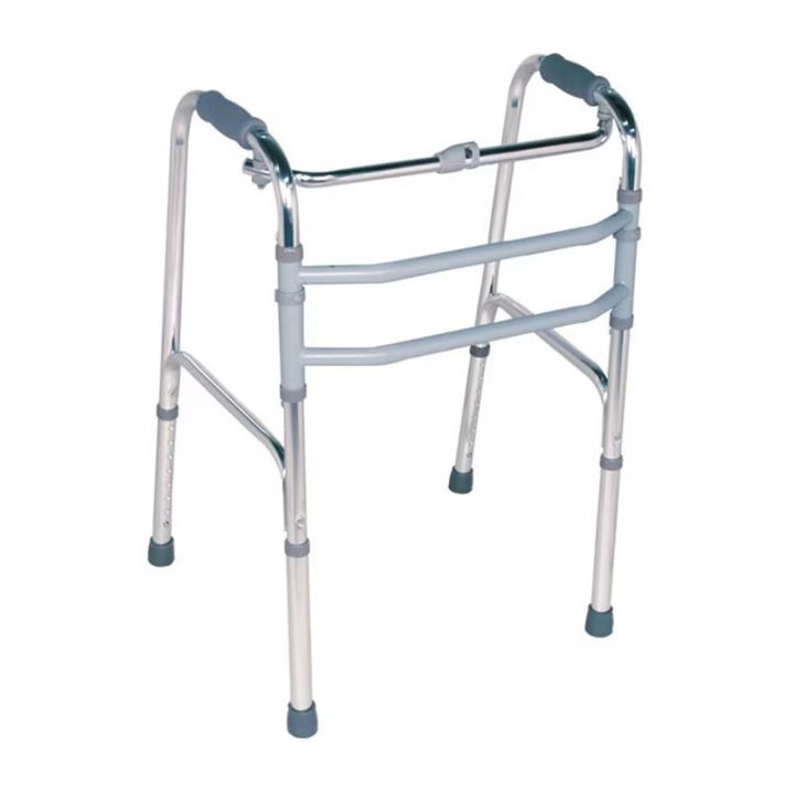 Cadru de mers cu 2 bare frontale, pliabil, ajustabil pe inaltime, cu functie de pasitor, din aluminiu
