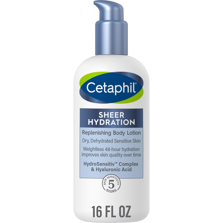 Лосион за тяло, Cetaphil, чиста хидратация, за суха, дехидратирана и чувствителна кожа, 48 часа хидратация, с хиалуронова киселина, аромат и без парабени, 473 ml