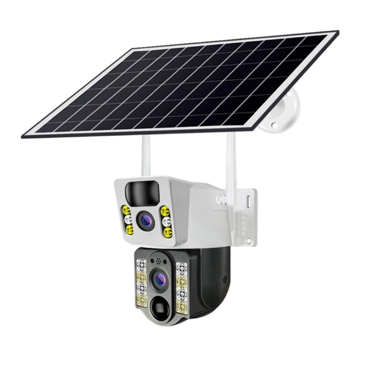 Camera de supraveghere cu panou solar Hongnaer VGS03-G, 4G, 4MP, lentile duble, PIR detection, PTZ, human detection, Built-in siren, Two way audio, viziune nocturna, rezistenta la apa V380Pro, Alb