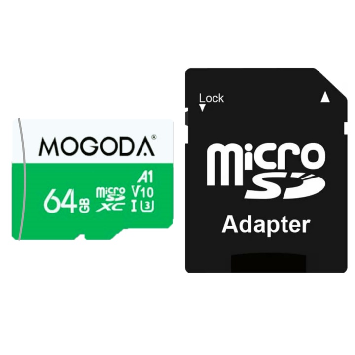 Карта памет microSD 64GB, MOGODA®, Class 10, U3, A1, За автомобилна камера, Камера, Цифрова фото рамка, microSDXC-I + SD адаптер