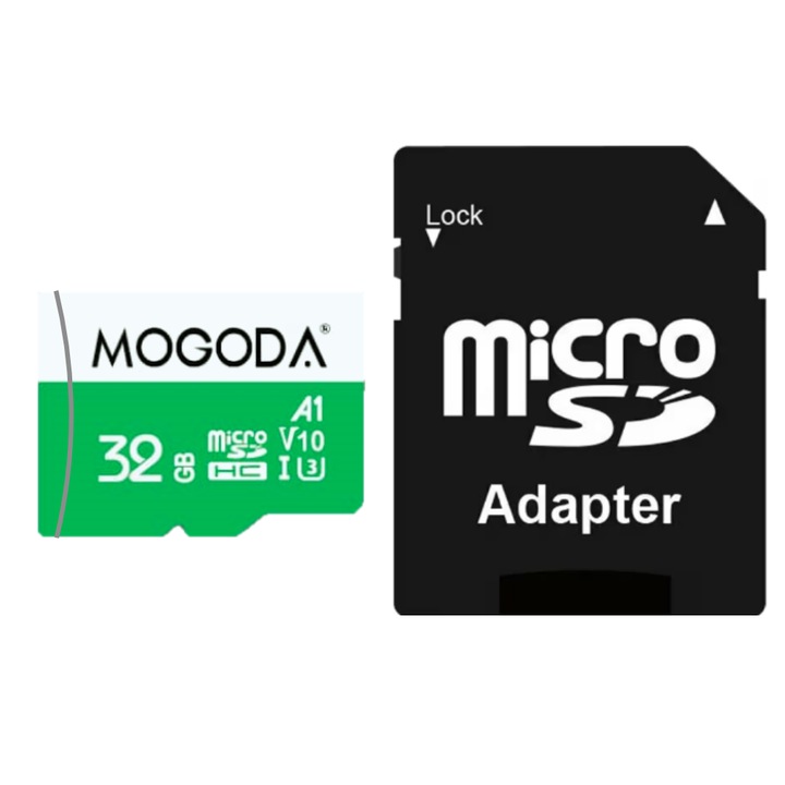 microSD memóriakártya 32 GB, MOGODA®, Class 10, U3, A1, Autós fényképezőgéphez, Fényképezőgép, Digitális képkeret, microSDXC-I + SD adapter