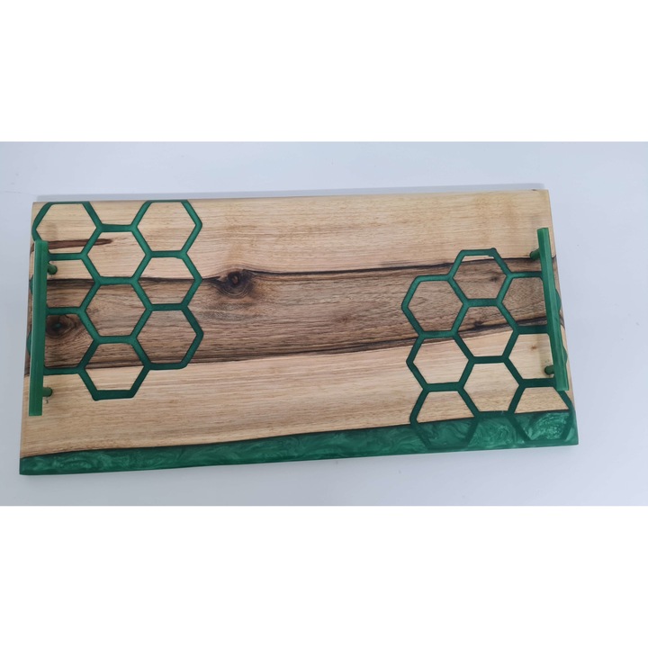 Platou Servire Handmade Model Hexagon din Lemn de Nuc cu Rasina Verde
