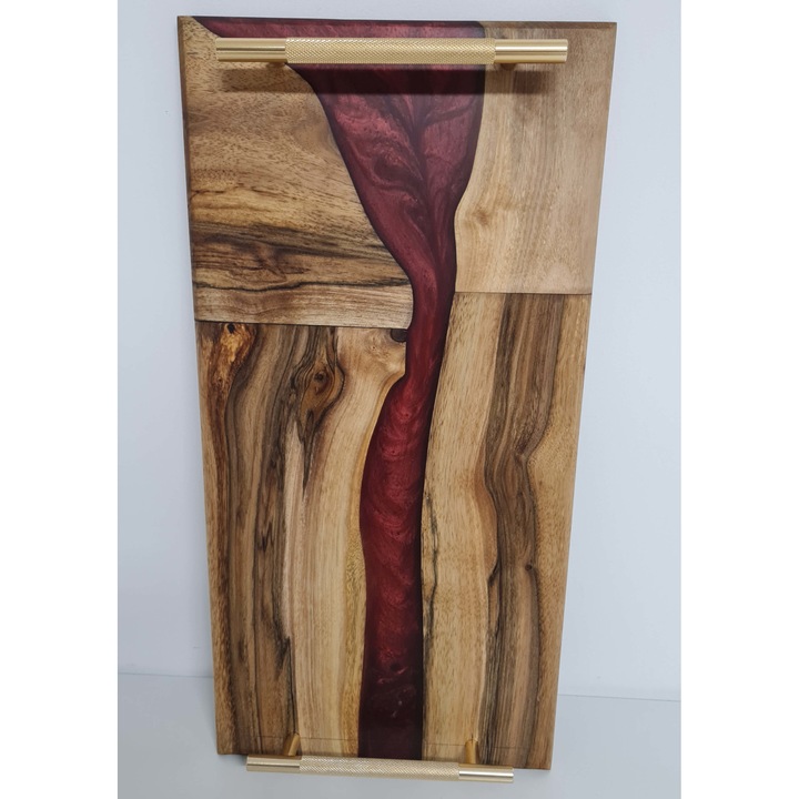 Platou Servire Handmade Modern din Lemn de Nuc cu Rasina Epoxidica Rosie si Manere Aurii