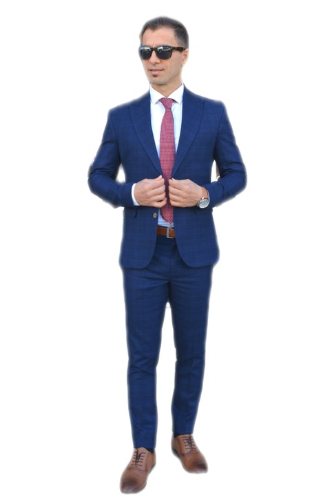 Costum barbat, Sunt Romanesc, slim fit, casual, bleumarin in caro bleu marimea L