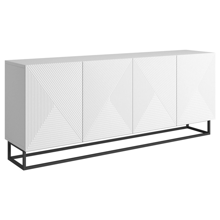 Comoda, Bogart, Asha, Cu Patru Usi, Fata Canelata, Cadru Metalic, 200x81x43 cm, PAL/MDF/HDF, Alb mat