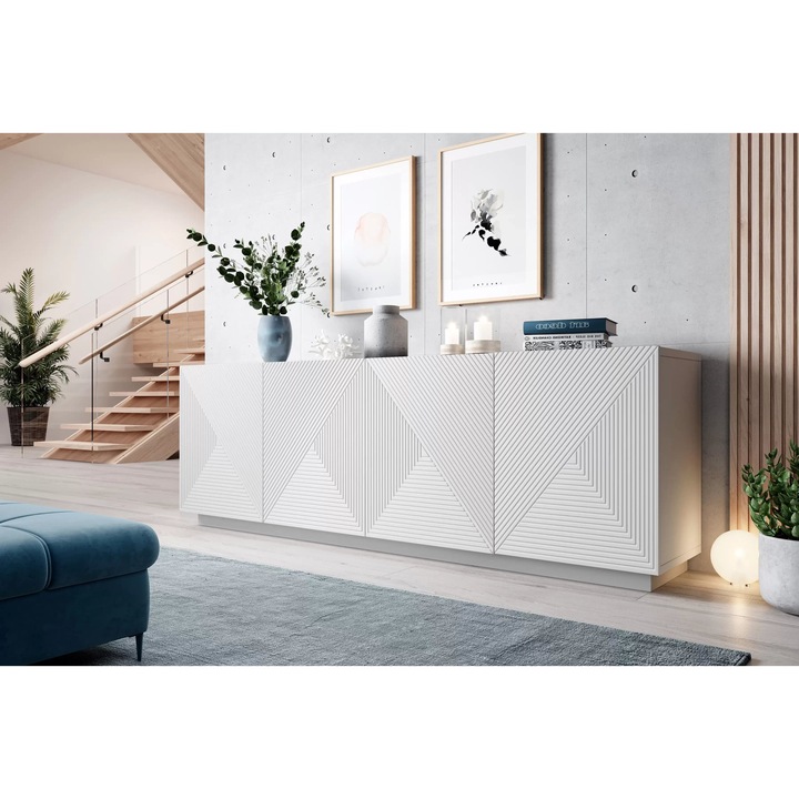 Komód, Bogart, Asha, Négy ajtóval, Barázdált előlappal, 200x71x43 cm, Forgácslap/MDF/HDF, Matt fehér