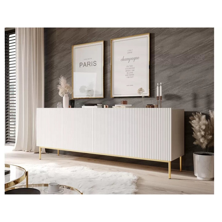 Comoda, Bogart, Nicole, Patru Usi, Picioare Metalice, 200x85x45 cm, PAL/MDF/HDF, Alb mat