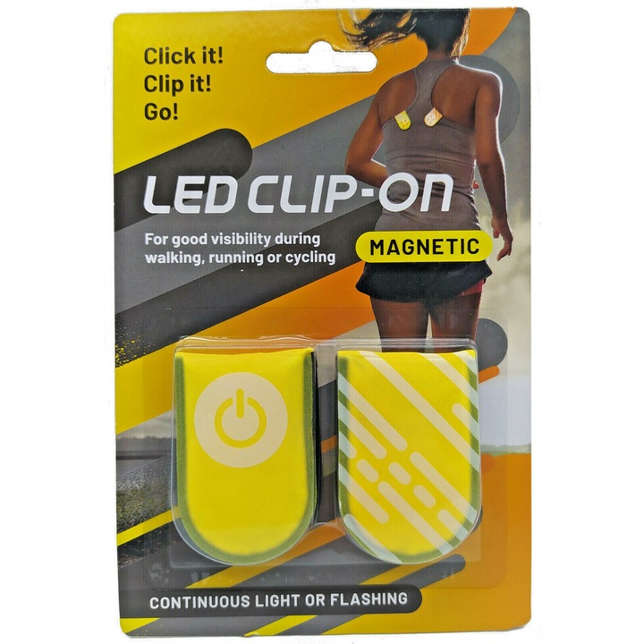 Set 2 clipsuri LED magnetice reflectorizante galbene pentru vizibilitate nocturna la alergare, ciclism
