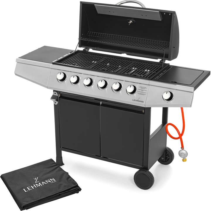 Gratar pe gaz cu 6+1 arzatoare, Lehmann Vegas, termometru incorporat, suprafata de gratar 33x72cm, husa gratar, furtun si regulator incluse, 141x50x102cm, fonta, negru