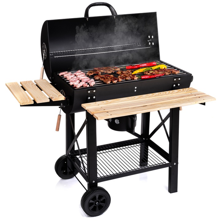 Lehmann Nevada faszén grill, zárral ellátott fedél, kerekek, 2 oldalsó polc, nem melegítő fogantyú, 510x1150x995 mm, fekete, 20, 1 kg