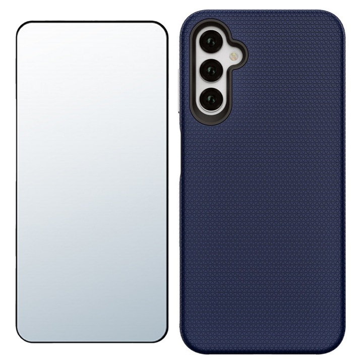 Set Folie din Sticla Temperata 5D, UHD Clarity, Edge-to-Edge Protection, si Husa Delta-Shaped pentru Samsung Galaxy A55, OPTIM SOLUTION, Military Grade, Three-Angle Design, Double Layer, Heat Dissipation, Independent Button Tech, Anti-Scratch, Albastru