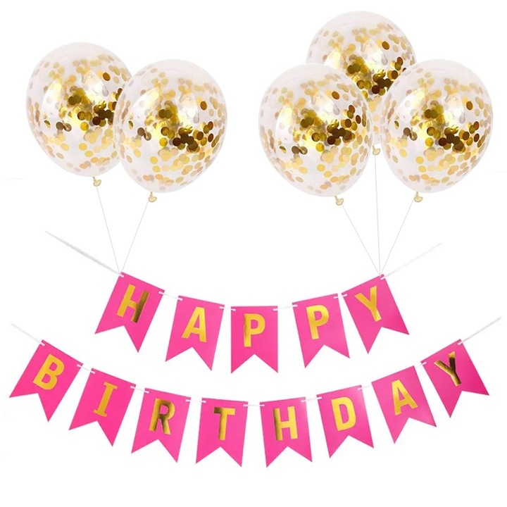 Set 5 baloane confetti auriu si banner Happy Birthday roz inchis