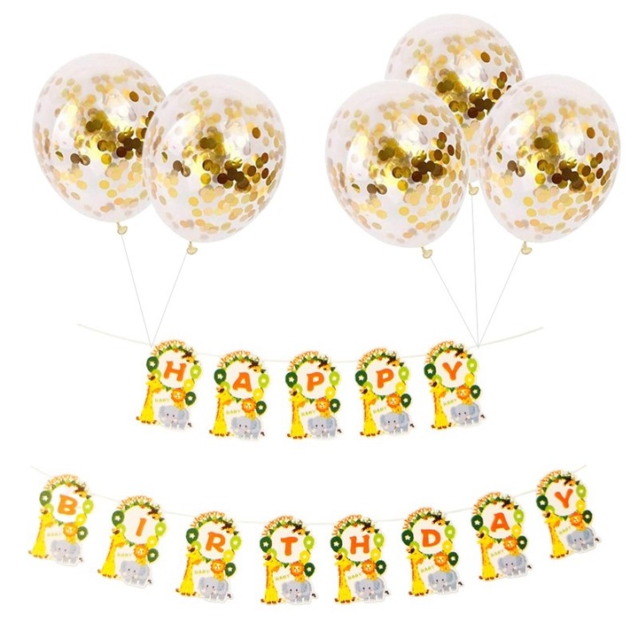 Set 5 baloane confetti auriu si banner Happy Birthday jungla