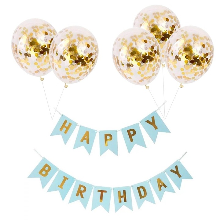 Set 5 baloane confetti auriu si banner Happy Birthday albastru deschis