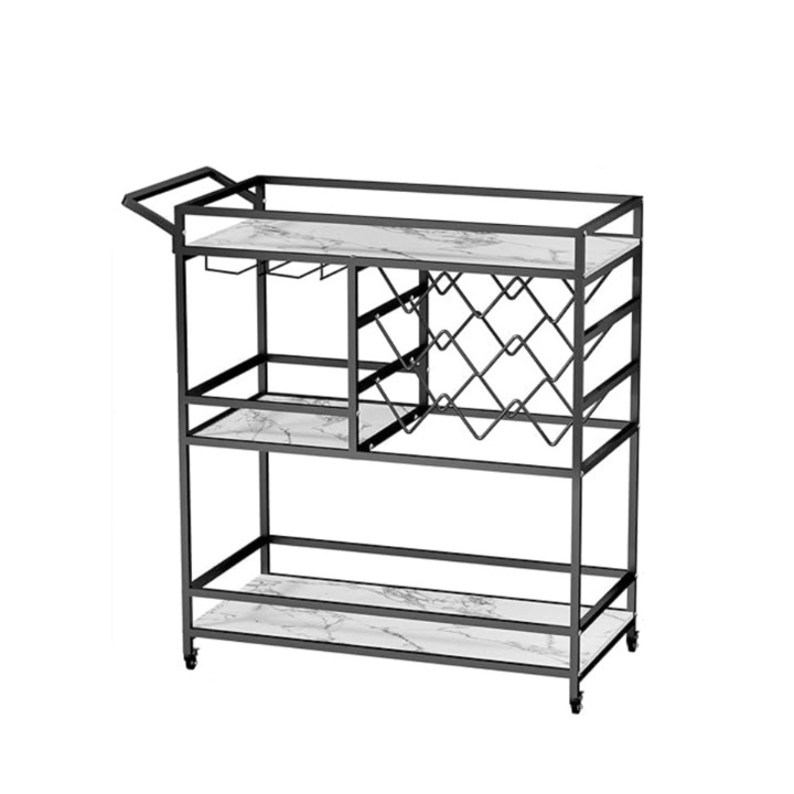 Carucior de servire, DAWNYIELD, mobil, cu suport pentru sticle si pahare, pe 3 nivele cu spatiu mare de depozitare pentru bucatarie, Cadru metalic negru si blat alb din lemn cu model de marmura