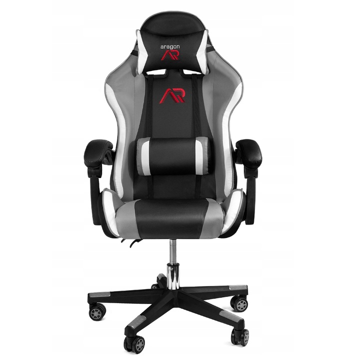 Стол за гейминг, с лумбална възглавница, черен/бял/сив